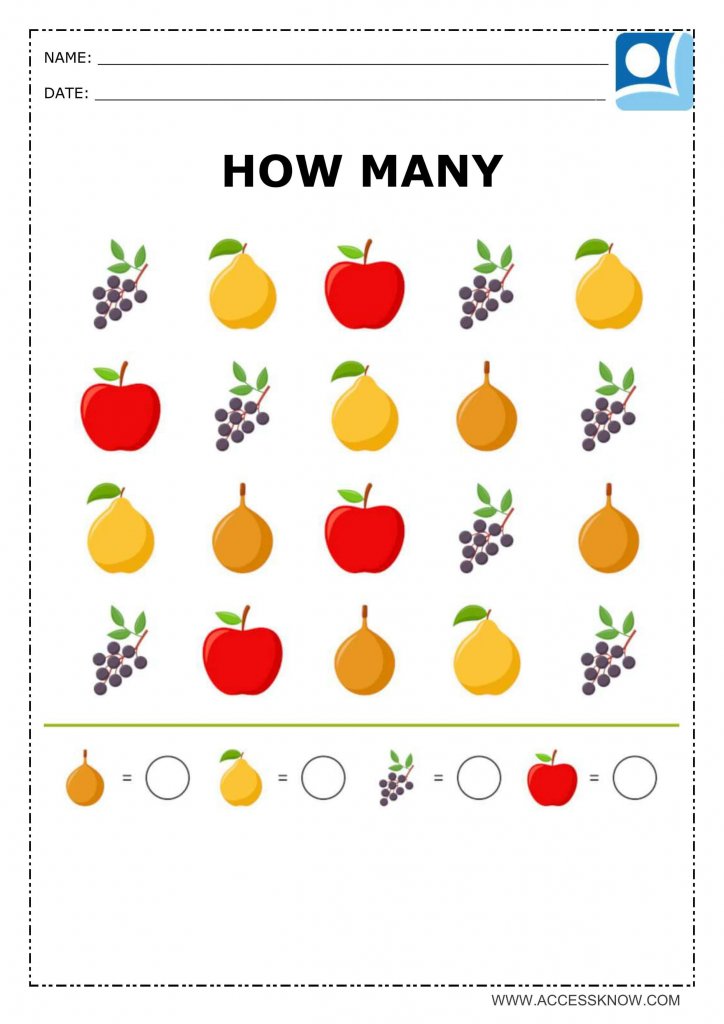 Math activity, for kindergarten students, about counting. A child must count as fruit and record as quantities