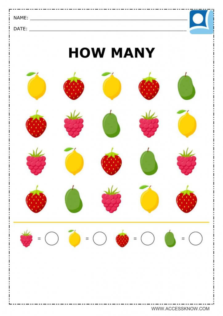 Math activity, for kindergarten students, about counting. A child must count as fruit and record as quantities