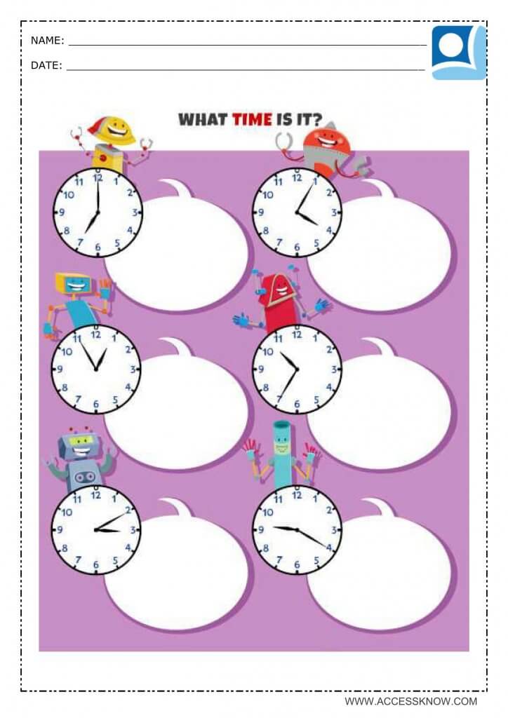 math activity where children must indicate what time it is